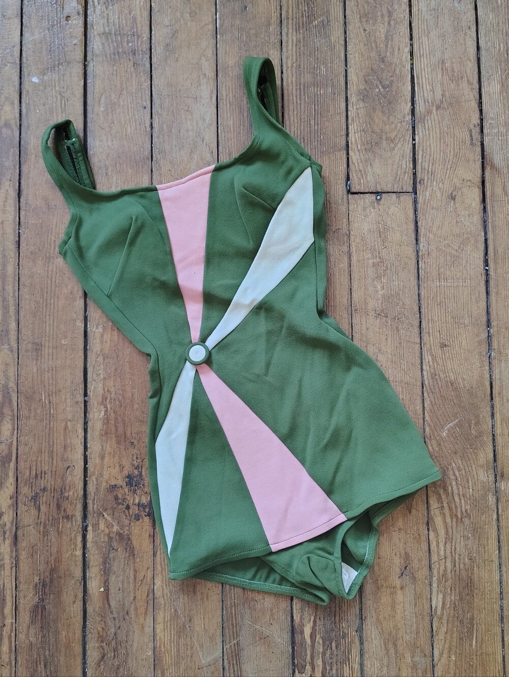 60s Vintage Robby Len One Piece Pinup Swimsuit Green With Pink Stripes XS Small - Picture 4 of 7